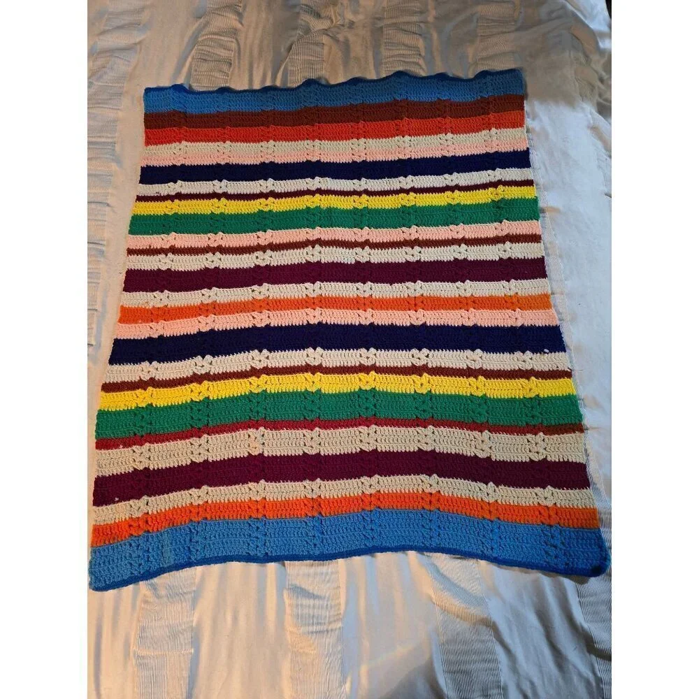 Vintage Handmade Colorful Stripes Knit Crochet Throw Blanket